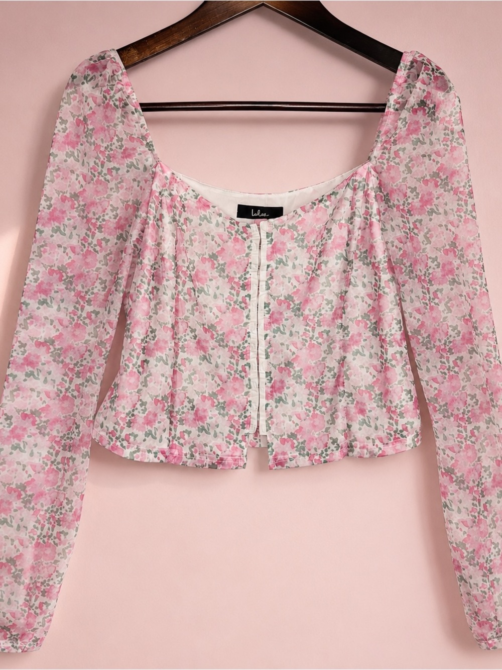 Lulus Pink Floral Mesh Crop Top Sheer Sleeve Cottagecore Blouse M